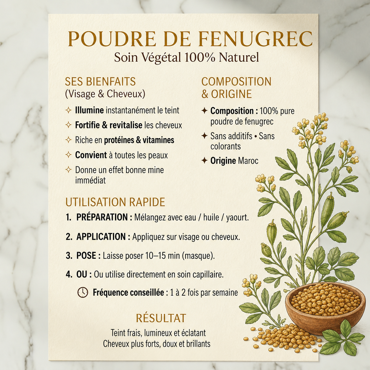 🌰 Poudre de Fenugrec – Stop Chute des Cheveux et Fortifie la Racine 100g