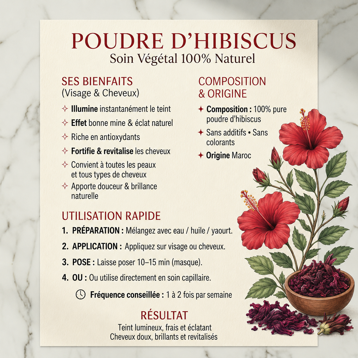 🌹 Poudre d'Hibiscus – Fortifier Pousse des Cheveux & Jeunesse de la Peau 100g